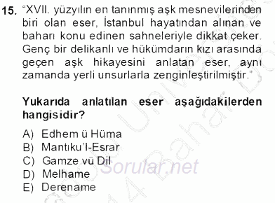 XVII. Yüzyıl Türk Edebiyatı 2013 - 2014 Dönem Sonu Sınavı 15.Soru