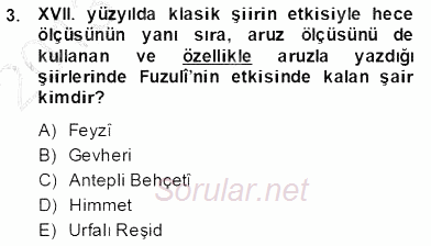 XVII. Yüzyıl Türk Edebiyatı 2013 - 2014 Dönem Sonu Sınavı 3.Soru