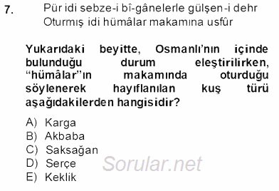 XVII. Yüzyıl Türk Edebiyatı 2013 - 2014 Dönem Sonu Sınavı 7.Soru