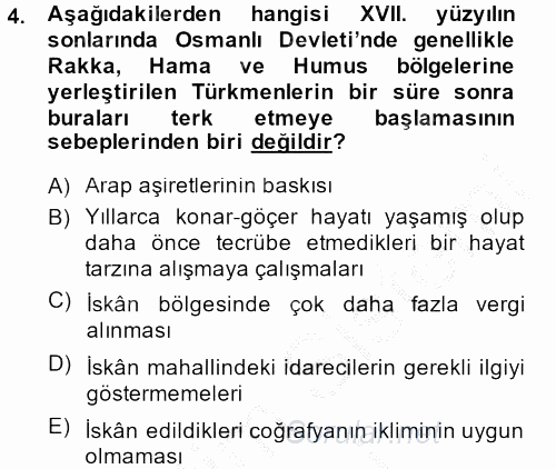 Osmanlı´da İskan ve Göç 2014 - 2015 Ara Sınavı 4.Soru