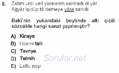 XVI. Yüzyıl Türk Edebiyatı 2012 - 2013 Tek Ders Sınavı 5.Soru