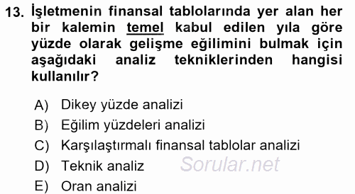 Finansal Tablolar Analizi 2015 - 2016 Ara Sınavı 13.Soru