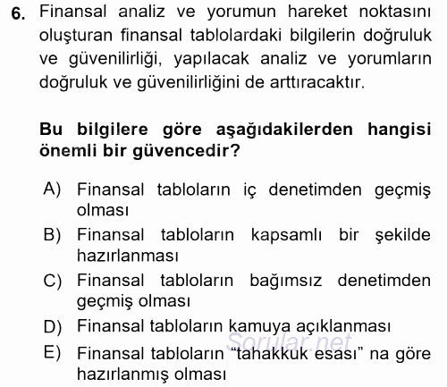 Finansal Tablolar Analizi 2015 - 2016 Ara Sınavı 6.Soru