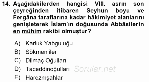 İlk Müslüman Türk Devletleri 2015 - 2016 Ara Sınavı 14.Soru