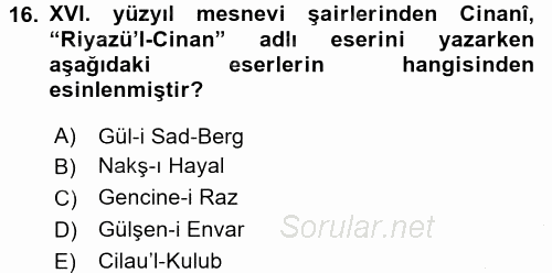 XVI. Yüzyıl Türk Edebiyatı 2015 - 2016 Dönem Sonu Sınavı 16.Soru
