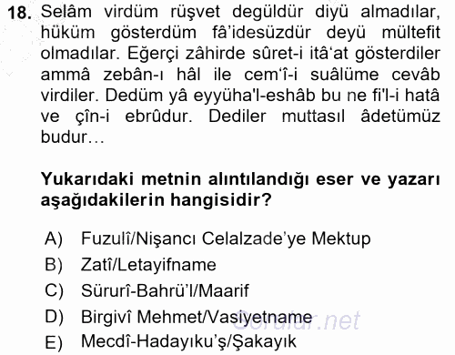 XVI. Yüzyıl Türk Edebiyatı 2015 - 2016 Dönem Sonu Sınavı 18.Soru