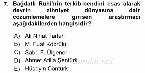 XVI. Yüzyıl Türk Edebiyatı 2015 - 2016 Dönem Sonu Sınavı 7.Soru