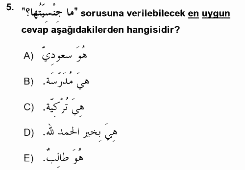 Arapça 1 2017 - 2018 Ara Sınavı 5.Soru