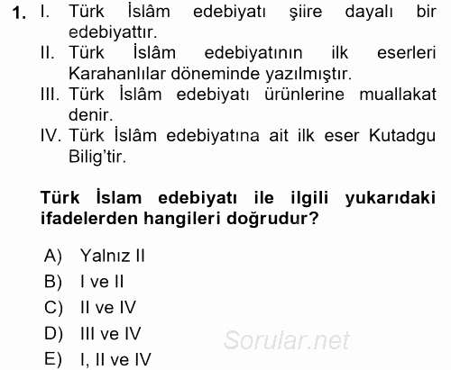 Türk İslam Edebiyatı 2017 - 2018 Ara Sınavı 1.Soru