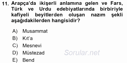 Türk İslam Edebiyatı 2017 - 2018 Ara Sınavı 11.Soru