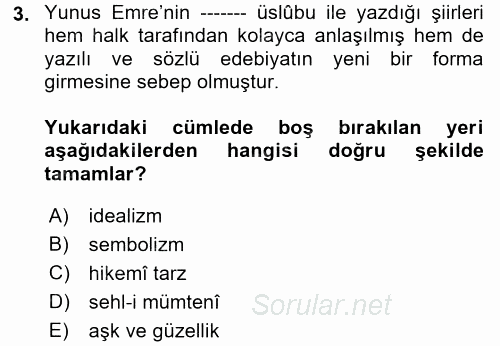 Türk İslam Edebiyatı 2017 - 2018 Ara Sınavı 3.Soru