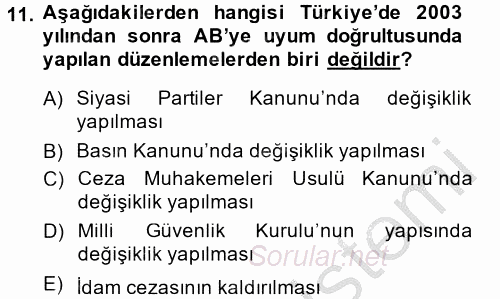 Türk Dış Politikası 2 2013 - 2014 Dönem Sonu Sınavı 11.Soru