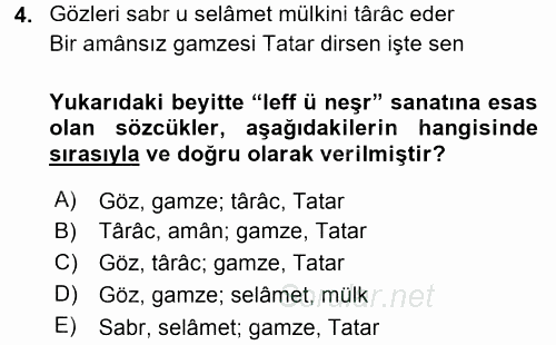 XVI. Yüzyıl Türk Edebiyatı 2017 - 2018 Dönem Sonu Sınavı 4.Soru