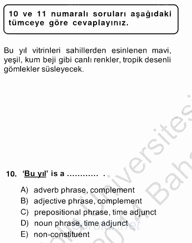 Türkçe Tümce Bilgisi Ve Anlambilim 2013 - 2014 Ara Sınavı 10.Soru