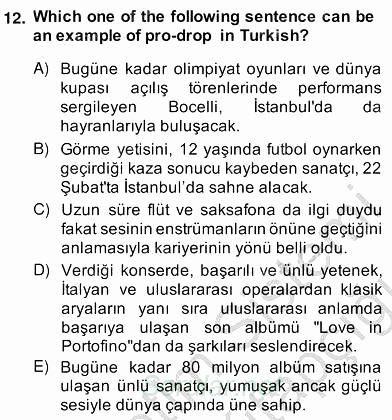 Türkçe Tümce Bilgisi Ve Anlambilim 2013 - 2014 Ara Sınavı 12.Soru