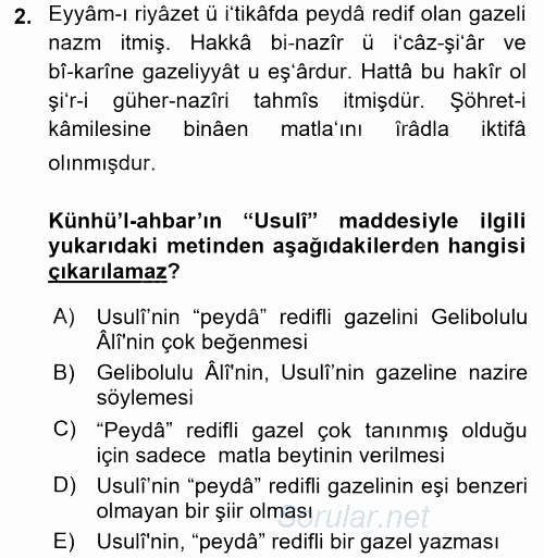Eski Türk Edebiyatının Kaynaklarından Şair Tezkireleri 2015 - 2016 Ara Sınavı 2.Soru