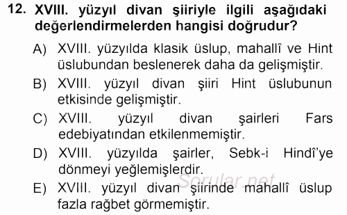 XVIII. Yüzyıl Türk Edebiyatı 2012 - 2013 Dönem Sonu Sınavı 12.Soru