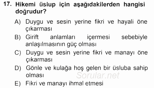 XVIII. Yüzyıl Türk Edebiyatı 2012 - 2013 Dönem Sonu Sınavı 17.Soru