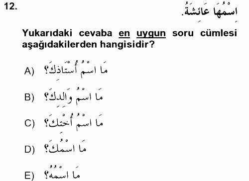 Arapça 2 2015 - 2016 Tek Ders Sınavı 12.Soru
