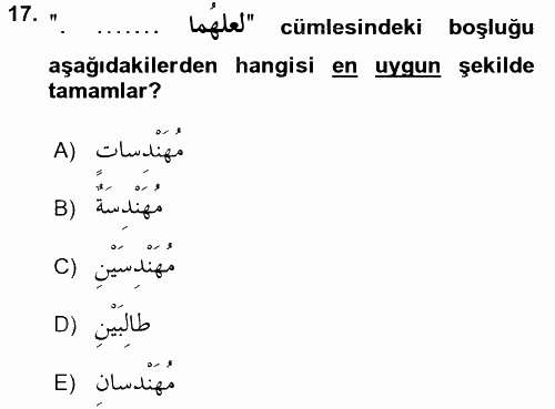 Arapça 2 2015 - 2016 Tek Ders Sınavı 17.Soru