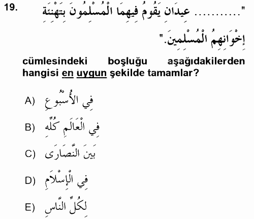 Arapça 2 2015 - 2016 Tek Ders Sınavı 19.Soru