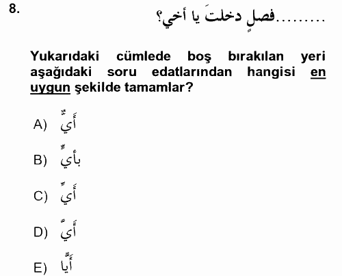 Arapça 2 2015 - 2016 Tek Ders Sınavı 8.Soru