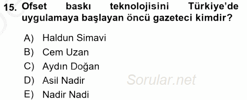 Türk Basın Tarihi 2016 - 2017 3 Ders Sınavı 15.Soru