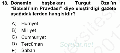 Türk Basın Tarihi 2016 - 2017 3 Ders Sınavı 18.Soru