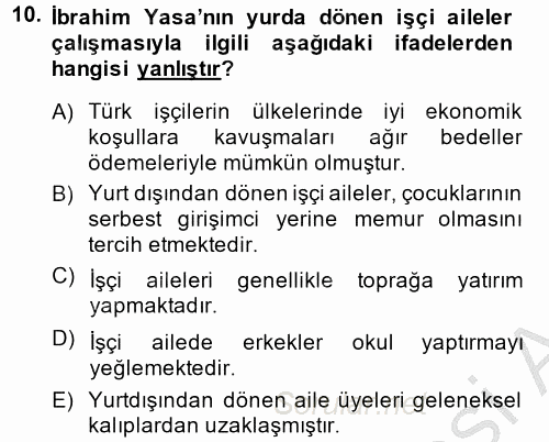 Türk Sosyologları 2014 - 2015 Dönem Sonu Sınavı 10.Soru