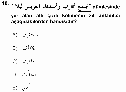 Arapça 3 2017 - 2018 3 Ders Sınavı 18.Soru