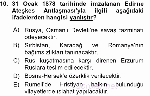 Osmanlı Tarihi (1876–1918) 2015 - 2016 Ara Sınavı 10.Soru