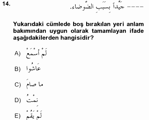 Arapça 2 2017 - 2018 Ara Sınavı 14.Soru