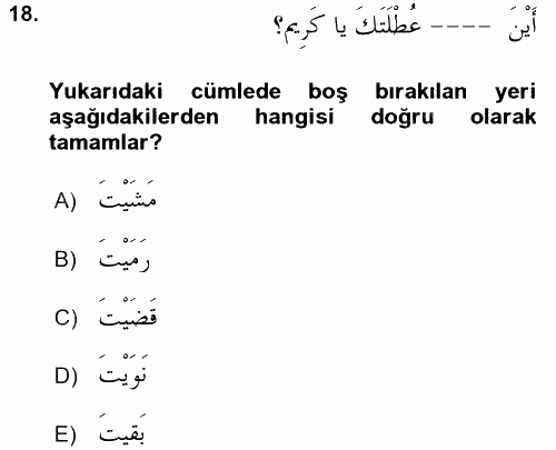 Arapça 2 2017 - 2018 Ara Sınavı 18.Soru