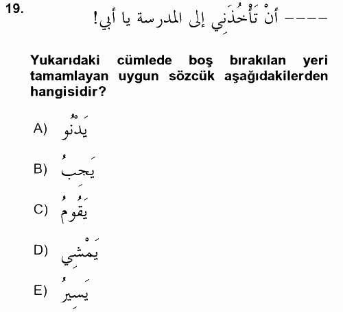 Arapça 2 2017 - 2018 Ara Sınavı 19.Soru
