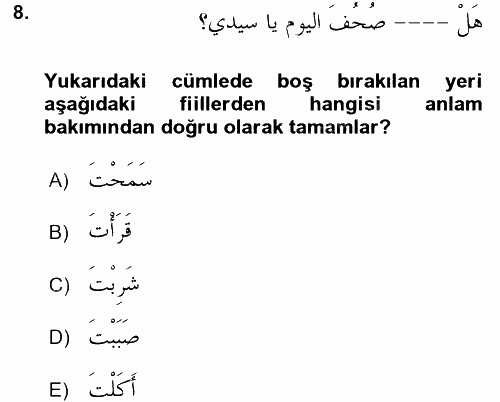 Arapça 2 2017 - 2018 Ara Sınavı 8.Soru
