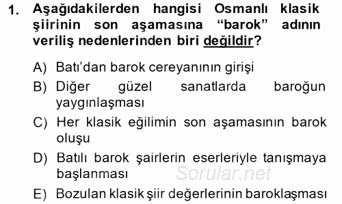 XIX. Yüzyıl Türk Edebiyatı 2014 - 2015 Tek Ders Sınavı 1.Soru