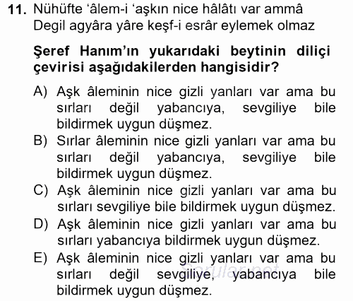 XIX. Yüzyıl Türk Edebiyatı 2014 - 2015 Tek Ders Sınavı 11.Soru