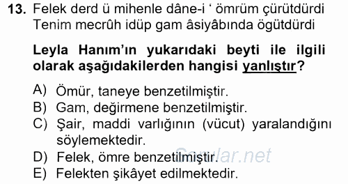 XIX. Yüzyıl Türk Edebiyatı 2014 - 2015 Tek Ders Sınavı 13.Soru