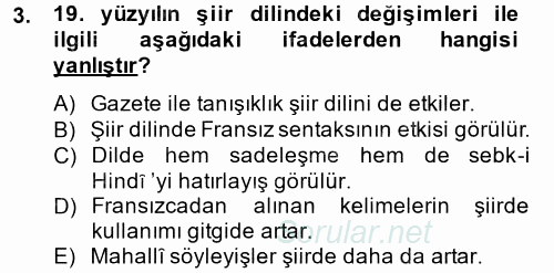 XIX. Yüzyıl Türk Edebiyatı 2014 - 2015 Tek Ders Sınavı 3.Soru