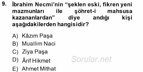 XIX. Yüzyıl Türk Edebiyatı 2014 - 2015 Tek Ders Sınavı 9.Soru