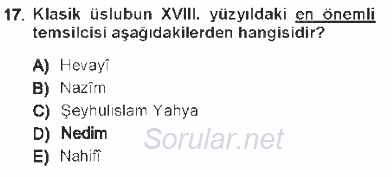 XVIII. Yüzyıl Türk Edebiyatı 2012 - 2013 Tek Ders Sınavı 17.Soru