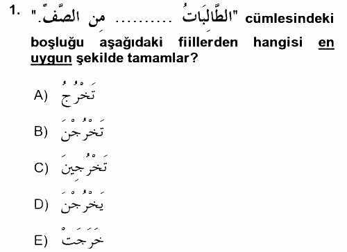 Arapça 2 2016 - 2017 3 Ders Sınavı 1.Soru