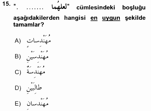Arapça 2 2016 - 2017 3 Ders Sınavı 15.Soru