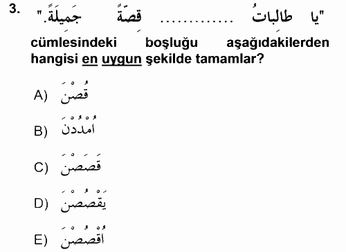 Arapça 2 2016 - 2017 3 Ders Sınavı 3.Soru