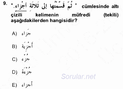 Arapça 2 2016 - 2017 3 Ders Sınavı 9.Soru
