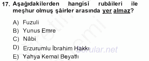 Türk İslam Edebiyatı 2013 - 2014 Ara Sınavı 17.Soru