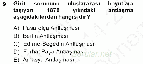 Osmanlı Tarihi (1876–1918) 2014 - 2015 Dönem Sonu Sınavı 9.Soru