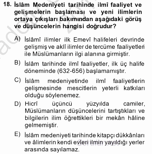İslam Kurumları ve Medeniyeti 2014 - 2015 Ara Sınavı 18.Soru