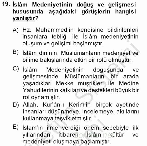 İslam Kurumları ve Medeniyeti 2014 - 2015 Ara Sınavı 19.Soru