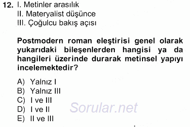 Çağdaş Türk Romanı 2012 - 2013 Ara Sınavı 12.Soru